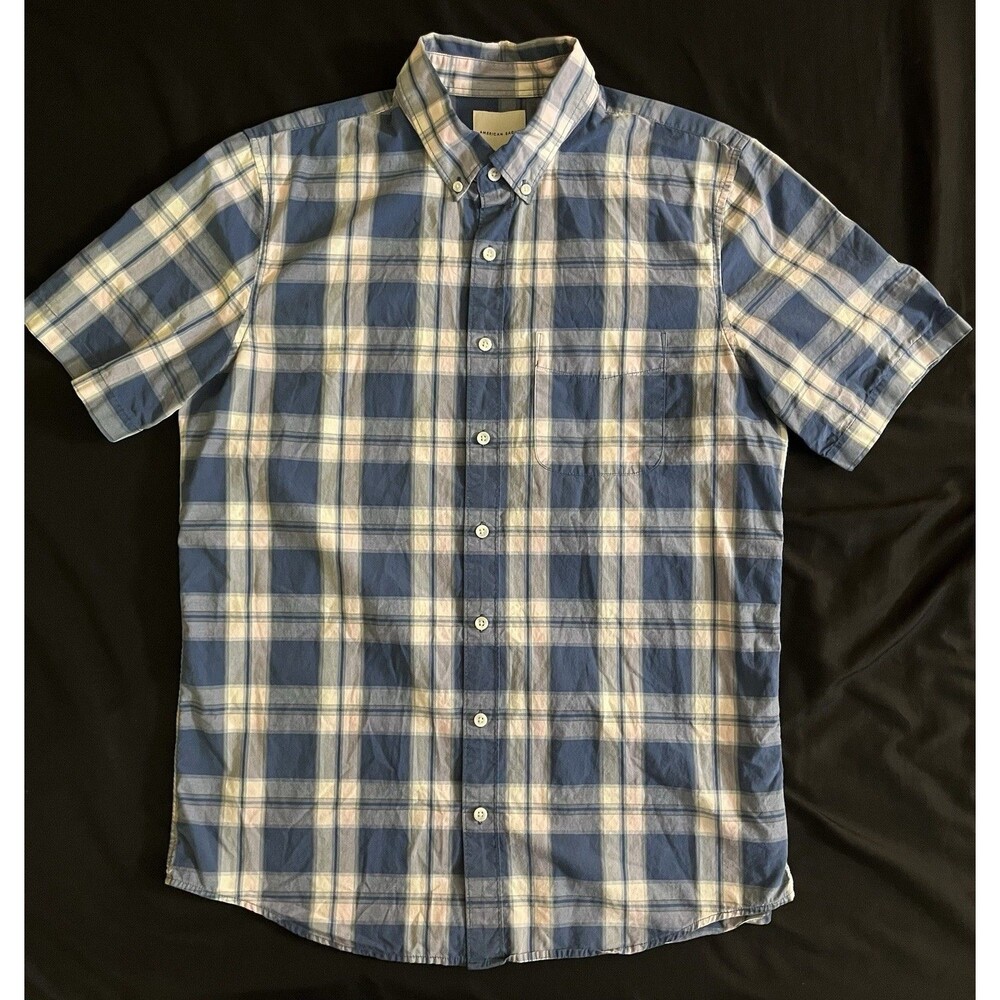 American Eagle Mens Large Tall LT Shirt Blue White Plaid Short Sleeve Button Up